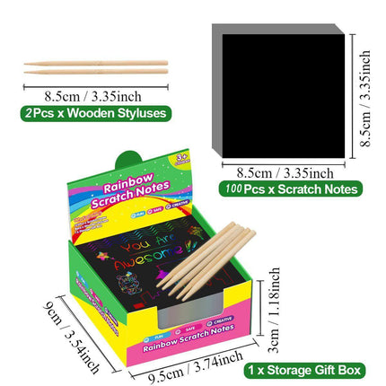 Green Rainbow Scratch Art Paper Notes 200 Sheets 2 Pack with Wooden Styluses for Kids DIY Drawing Mess-Free Creative Toy for Local Home and School Activities.