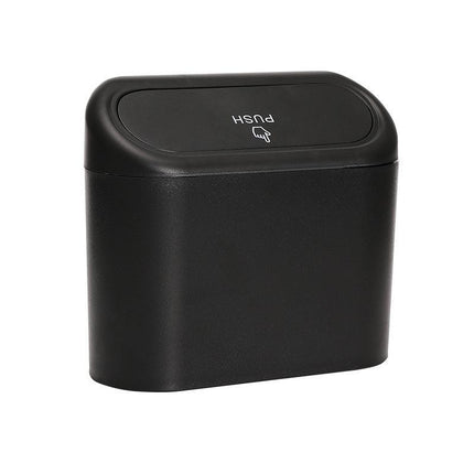 Black Compact Car Trash Can 2 Pack Hanging Storage Bin with Push Lid for Vehicle Door and Seat Back Universal Fit Waste Management Solution for Local Drivers.