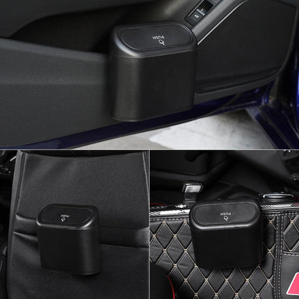 Black Compact Car Trash Can 2 Pack Hanging Storage Bin with Push Lid for Vehicle Door and Seat Back Universal Fit Waste Management Solution for Local Drivers.