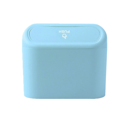 Blue Compact Car Trash Can 2 Pack Hanging Storage Bin with Push Lid for Vehicle Door and Seat Back Universal Fit Waste Management Solution for Local Drivers.