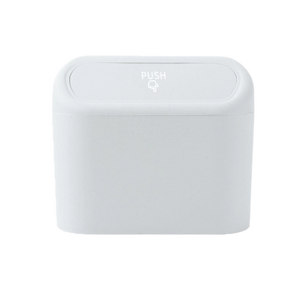 White Compact Car Trash Can 2 Pack Hanging Storage Bin with Push Lid for Vehicle Door and Seat Back Universal Fit Waste Management Solution for Local Drivers.