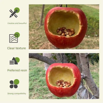 Realistic Apple Shaped Bird Feeder Creative Resin Hanging Ornament for Garden and Courtyard Weather Resistant Decor for Local Wild Bird Enthusiasts.