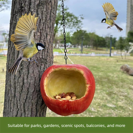 Realistic Apple Shaped Bird Feeder Creative Resin Hanging Ornament for Garden and Courtyard Weather Resistant Decor for Local Wild Bird Enthusiasts.