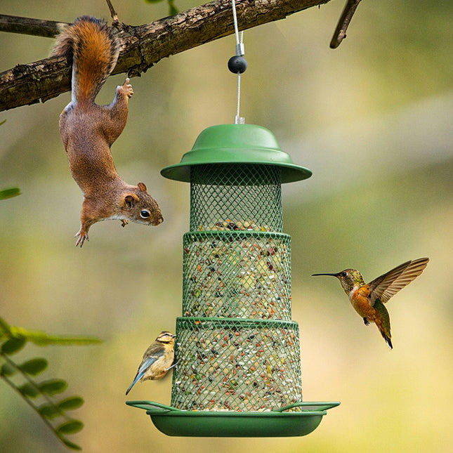Square Retractable Metal Hanging Bird Feeder 3-Tier Mesh Design Weatherproof Outdoor Wild Bird Feeding Station for Local Garden and Backyard Support.