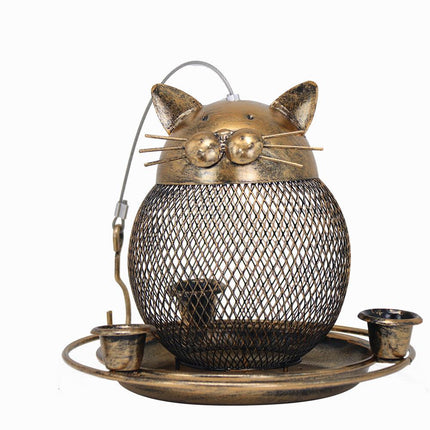 Fine mesh + 3 water cups Whimsical Cat Shaped Metal Bird Feeder Hanging Mesh Wild Bird Seed Holder for Garden Courtyard Decorative Feeding Solution for Local Wildlife Lovers.