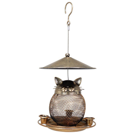 Fine mesh strainer + 3 water cups + lids Whimsical Cat Shaped Metal Bird Feeder Hanging Mesh Wild Bird Seed Holder for Garden Courtyard Decorative Feeding Solution for Local Wildlife Lovers.