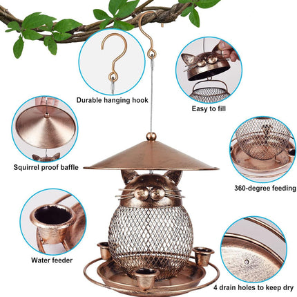 Whimsical Owl-Shaped Metal Bird Feeder Hanging Mesh Seed Holder for Garden and Courtyard Decorative Feeding Solution for Local Wildlife Enthusiasts.