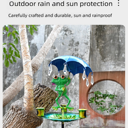 Decorative Metal Frog Bird Feeder Ground Stake with Umbrella and Feeding Tray for Local Gardens Weather-Resistant Outdoor Wildlife Support Solution.