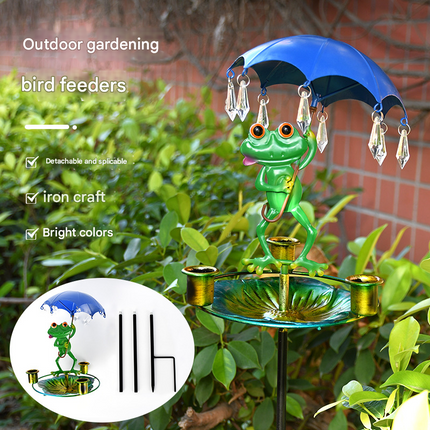 Decorative Metal Frog Bird Feeder Ground Stake with Umbrella and Feeding Tray for Local Gardens Weather-Resistant Outdoor Wildlife Support Solution.