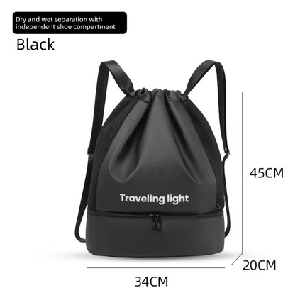 Black Waterproof Drawstring Swimming Backpack with Wet Dry Separation and Shoe Compartment for Gym and Yoga Organized Gear Bag for Local Active Lifestyles.