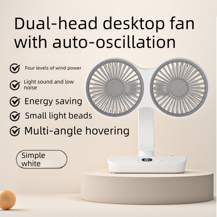 Dual-head Desktop Fan 4000mAh Rechargeable with 4 Speeds LED Display and Night Light Portable Silent Cooling Solution for Home Office and Local Travel.