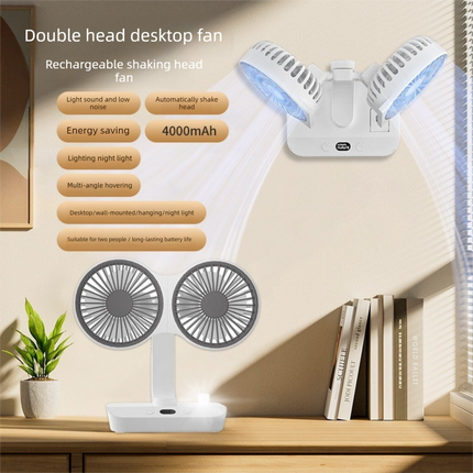 Dual-head Desktop Fan 4000mAh Rechargeable with 4 Speeds LED Display and Night Light Portable Silent Cooling Solution for Home Office and Local Travel.