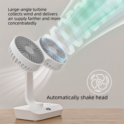 Dual-head Desktop Fan 4000mAh Rechargeable with 4 Speeds LED Display and Night Light Portable Silent Cooling Solution for Home Office and Local Travel.