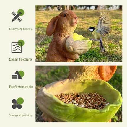 Cute Resin Rabbit Bird Feeder for Outdoor Garden Courtyard Balcony Landscape Decoration Durable Waterproof Animal Statue for Local Wild Bird Enthusiasts.