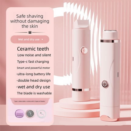 Pink Electric Hair Remover for Women 2-in-1 Dual Head Trimmer and Shaver with Ceramic Blades IPX7 Waterproof for Painless Full Body and Bikini Grooming.