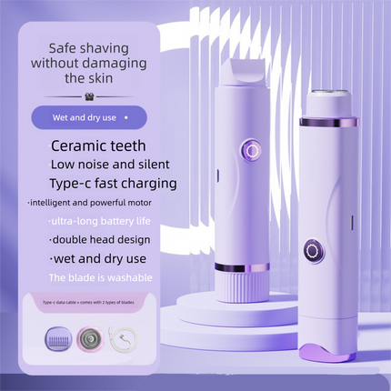Purple Electric Hair Remover for Women 2-in-1 Dual Head Trimmer and Shaver with Ceramic Blades IPX7 Waterproof for Painless Full Body and Bikini Grooming.