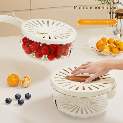 White large Multi-functional Fruit and Vegetable Washing Bowl with Lid and Hidden Handle Double-Layer Drainage Container for Refrigerator Storage and Outdoor Picnic Efficient Food Preservation for Local Standard Kitchens.