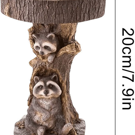 Raccoon Resin Bird Feeder with Natural Stump Design for Garden and Outdoor Decor, Ideal for Attracting Birds and Enhancing Yard Aesthetics.