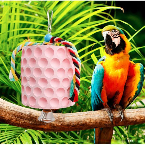 2-Pack Blue Hanging Bird Chew Toy with Bell and Rope, Ideal for Parrots, Squirrels, and Rodents – Durable Wood-Based Grinding Stone for Beak Exercise and Enrichment.
