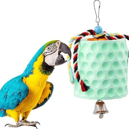2-Pack Green Hanging Bird Chew Toy with Bell and Rope, Ideal for Parrots, Squirrels, and Rodents – Durable Wood-Based Grinding Stone for Beak Exercise and Enrichment.