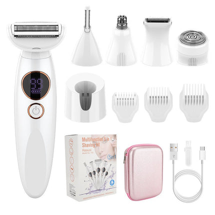White 5-in-1 Women's Hair Removal Epilator – Multi-Function Body Grooming Kit with Waterproof Design, LED Display & USB Charging.