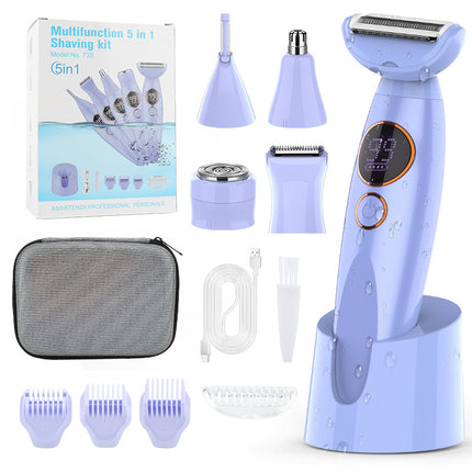 Purple 5-in-1 Women's Hair Removal Epilator – Multi-Function Body Grooming Kit with Waterproof Design, LED Display & USB Charging.