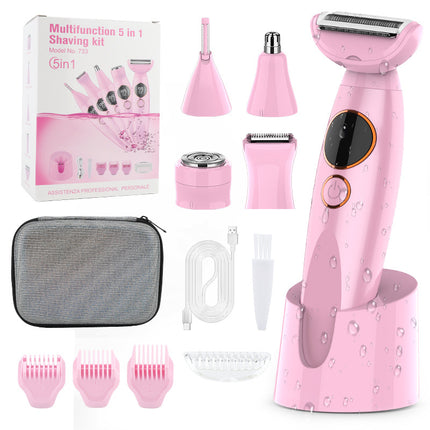 Pink 5-in-1 Women's Hair Removal Epilator – Multi-Function Body Grooming Kit with Waterproof Design, LED Display & USB Charging.