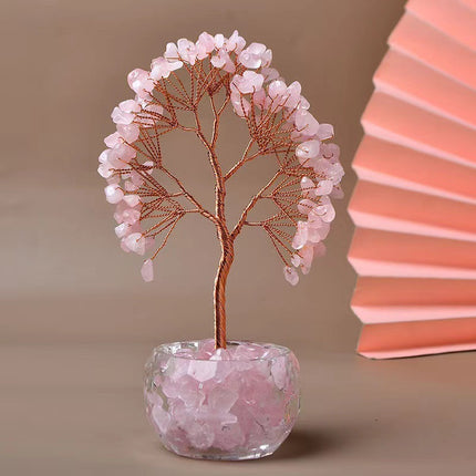 Pink Natural Crystal Tree Ornament – Handmade Miniature Decorative Tree with Glass Base for Home, Office & Gift.
