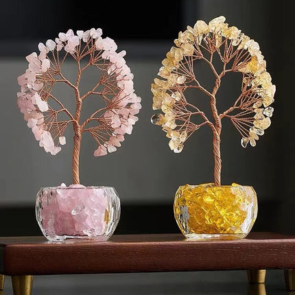 Pink Natural Crystal Tree Ornament – Handmade Miniature Decorative Tree with Glass Base for Home, Office & Gift.