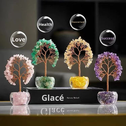 Pink Natural Crystal Tree Ornament – Handmade Miniature Decorative Tree with Glass Base for Home, Office & Gift.
