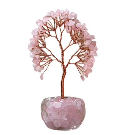 Pink Natural Crystal Tree Ornament – Handmade Miniature Decorative Tree with Glass Base for Home, Office & Gift.