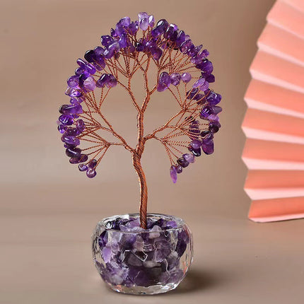 Purple Natural Crystal Tree Ornament – Handmade Miniature Decorative Tree with Glass Base for Home, Office & Gift.
