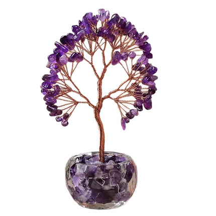 Purple Natural Crystal Tree Ornament – Handmade Miniature Decorative Tree with Glass Base for Home, Office & Gift.