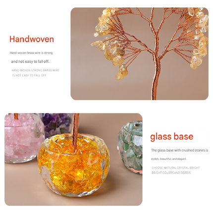 Purple Natural Crystal Tree Ornament – Handmade Miniature Decorative Tree with Glass Base for Home, Office & Gift.