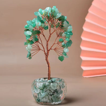 Green Natural Crystal Tree Ornament – Handmade Miniature Decorative Tree with Glass Base for Home, Office & Gift.