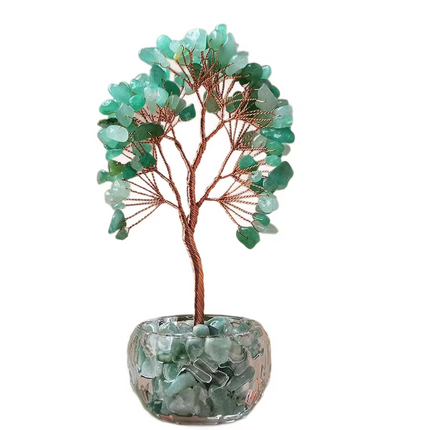 Green Natural Crystal Tree Ornament – Handmade Miniature Decorative Tree with Glass Base for Home, Office & Gift.