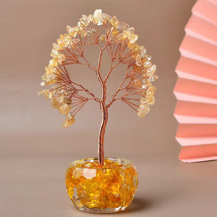 Yellow Natural Crystal Tree Ornament – Handmade Miniature Decorative Tree with Glass Base for Home, Office & Gift.