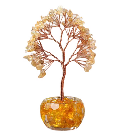 Yellow Natural Crystal Tree Ornament – Handmade Miniature Decorative Tree with Glass Base for Home, Office & Gift.