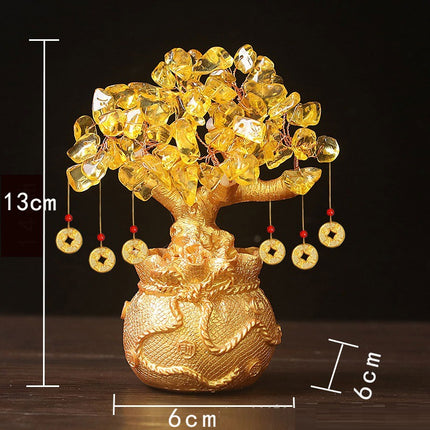 Yellow Handcrafted Crystal Tree Ornament – Resin Money Bag Base with Hanging Coin Charms for Home & Office Decor.