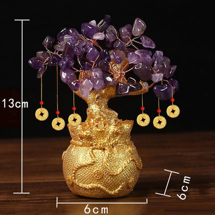 Purple Handcrafted Crystal Tree Ornament – Resin Money Bag Base with Hanging Coin Charms for Home & Office Decor.