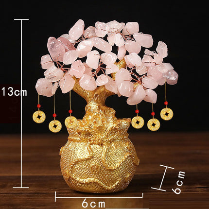 Pink Handcrafted Crystal Tree Ornament – Resin Money Bag Base with Hanging Coin Charms for Home & Office Decor.