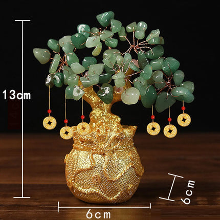Green Handcrafted Crystal Tree Ornament – Resin Money Bag Base with Hanging Coin Charms for Home & Office Decor.