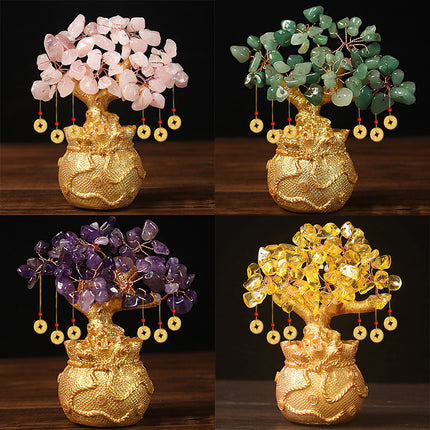 Green Handcrafted Crystal Tree Ornament – Resin Money Bag Base with Hanging Coin Charms for Home & Office Decor.