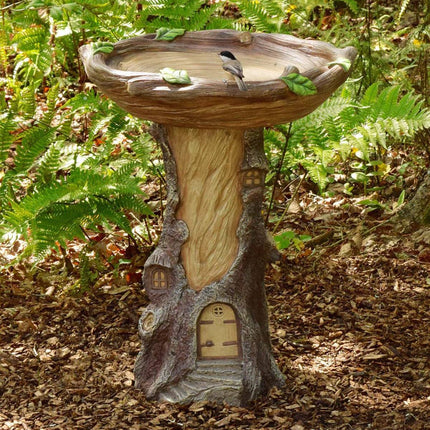 Whimsical Tree Stump Bird Bath – Resin Garden Decor with Fairy House Design for Outdoor & Patio.