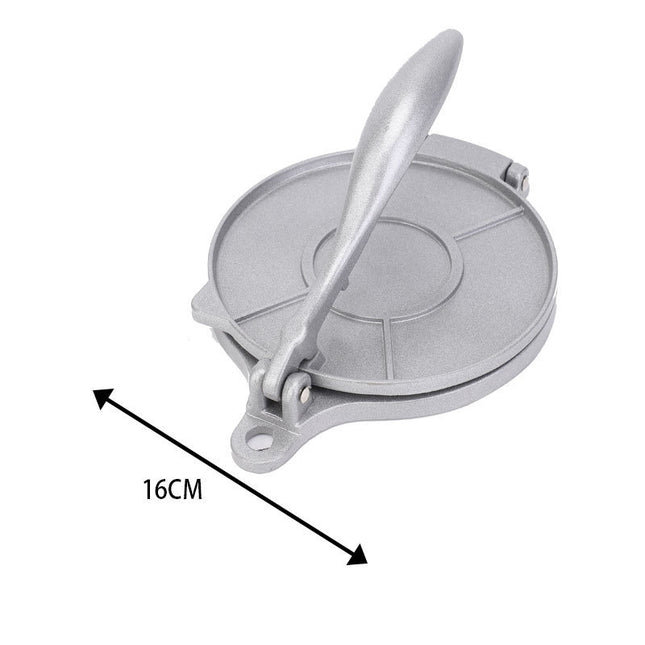 Silver Manual Dough Press – Aluminum Alloy Cake & Tortilla Press for Homemade Baking and Cooking(16cm).