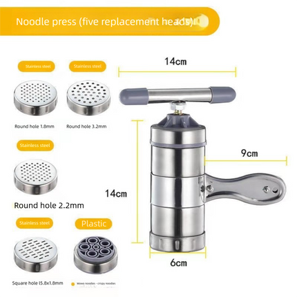 Manual Stainless Steel Noodle Maker with Interchangeable Dies for Homemade Egg Noodles Flatbread and Dumpling Wrappers – Compact Kitchen Tool(Five molds).