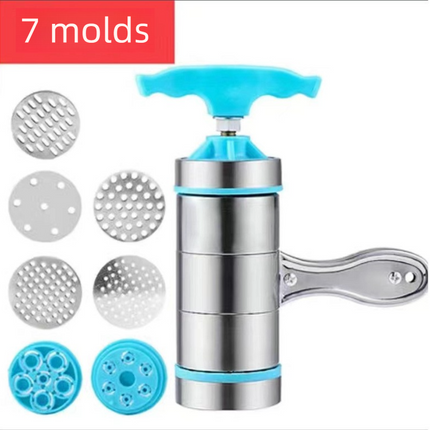 Blue Manual Stainless Steel Noodle Maker with Interchangeable Dies for Homemade Egg Noodles Flatbread and Dumpling Wrappers – Compact Kitchen Tool(Seven molds).