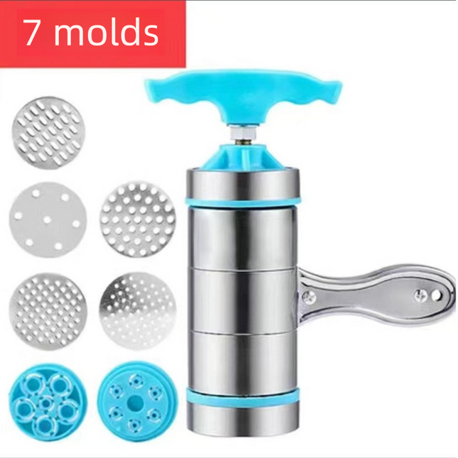 Blue Manual Stainless Steel Noodle Maker with Interchangeable Dies for Homemade Egg Noodles Flatbread and Dumpling Wrappers – Compact Kitchen Tool(Seven molds).