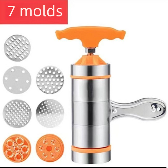 Orange Manual Stainless Steel Noodle Maker with Interchangeable Dies for Homemade Egg Noodles Flatbread and Dumpling Wrappers – Compact Kitchen Tool(Seven molds).