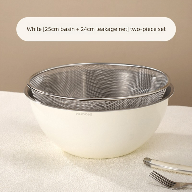 White Stainless Steel Mixing Bowl Set with Colander – Double-Layer Kitchen Basin for Salad, Washing, Mixing & Baking.
